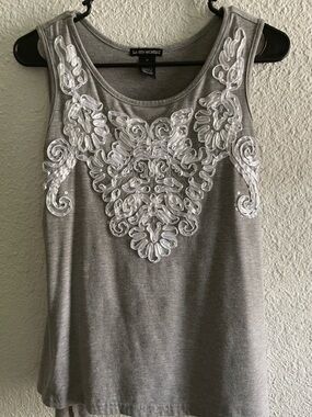 Lauren Michelle Light Gray Tank with White Embroidered Applique